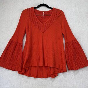 Free People Shirt Womens XS Rust Orange Boho Thermal Bell Sleeve Eyelet V-Neck